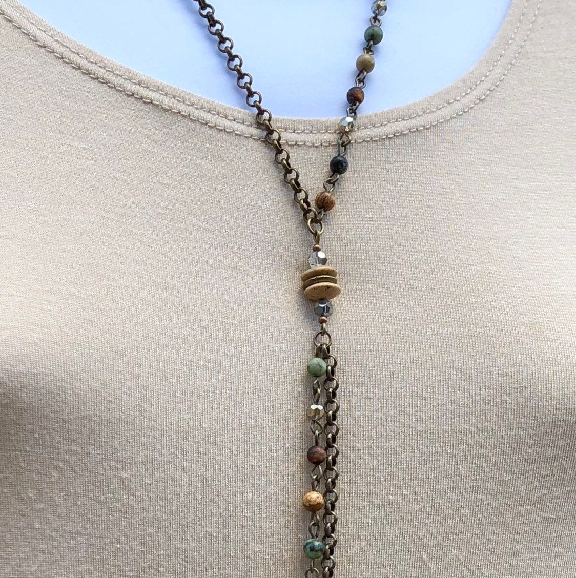 MossberryandStone Antique Bronze Vertical Bar Pendant Lariat Necklace 20in