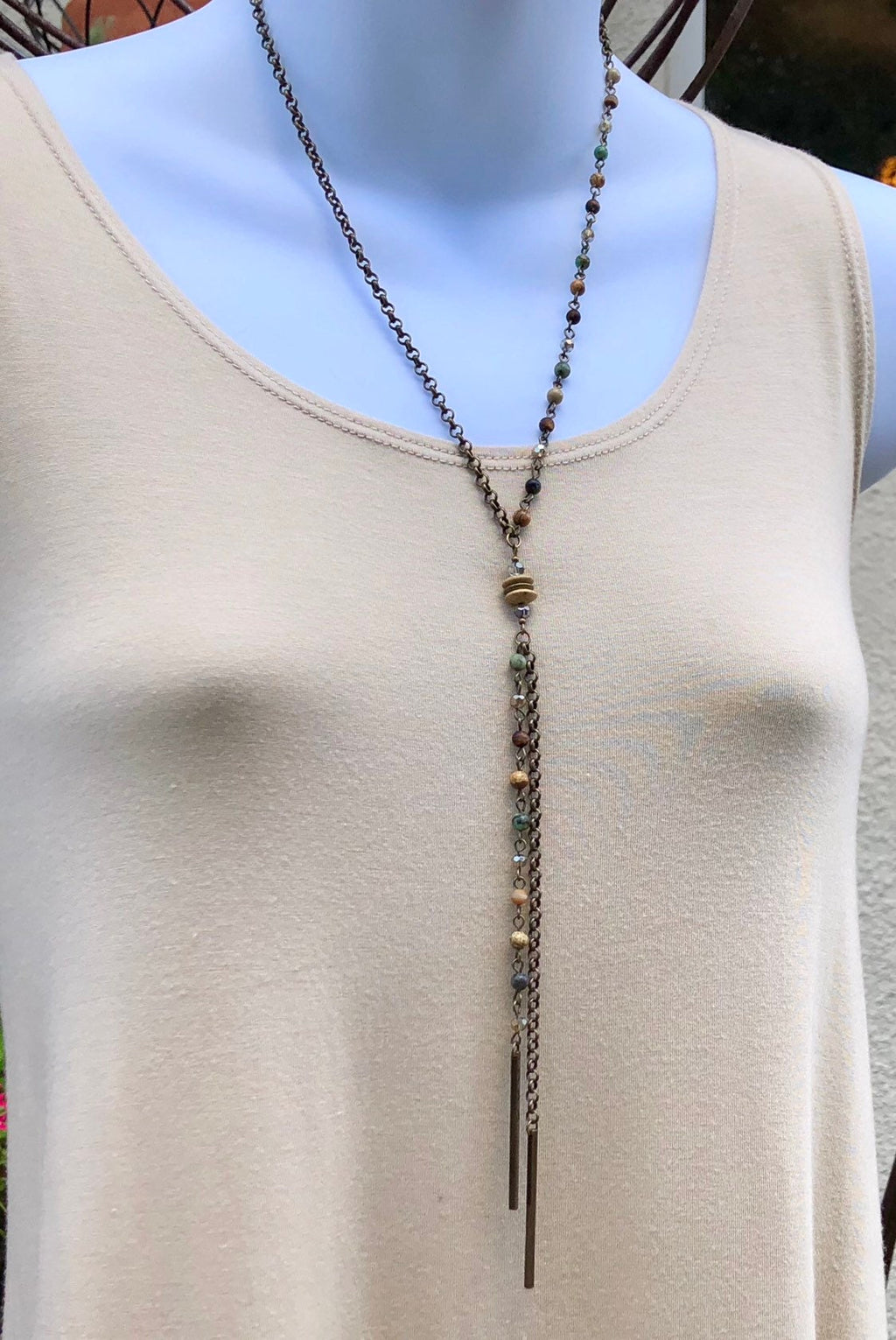MossberryandStone Antique Bronze Vertical Bar Pendant Lariat Necklace 20in