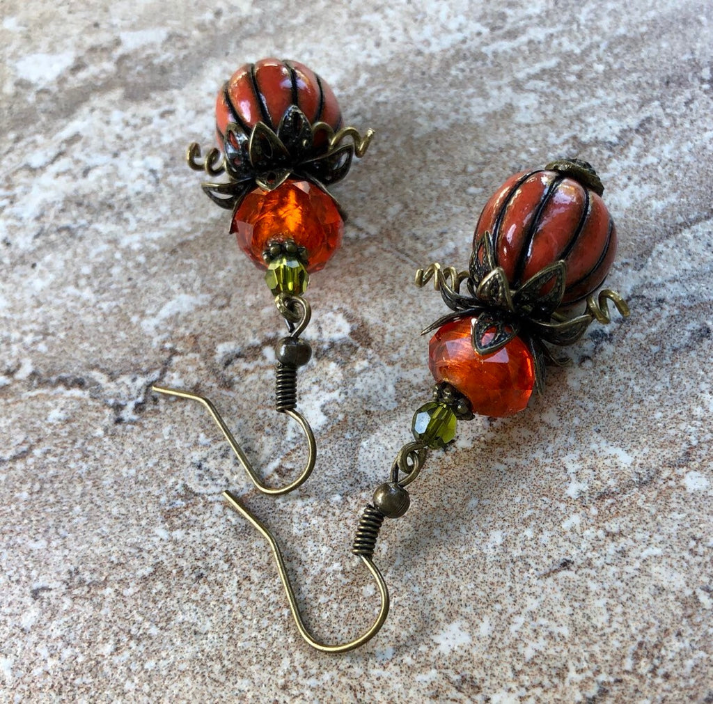 MossberryandStone Pumpkin Dangle Earrings Ceramic Antique Bronze 2in