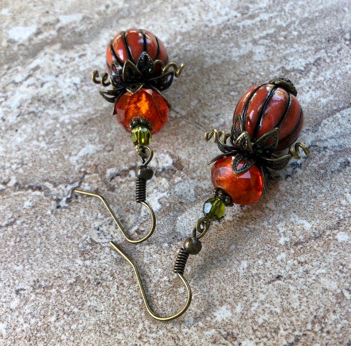 MossberryandStone Pumpkin Dangle Earrings Ceramic Antique Bronze 2in