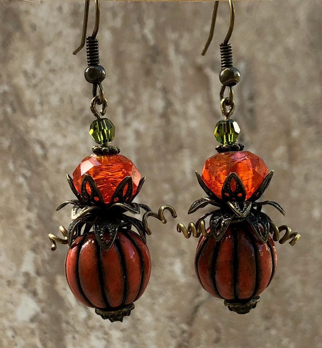 MossberryandStone Pumpkin Dangle Earrings Ceramic Antique Bronze 2in