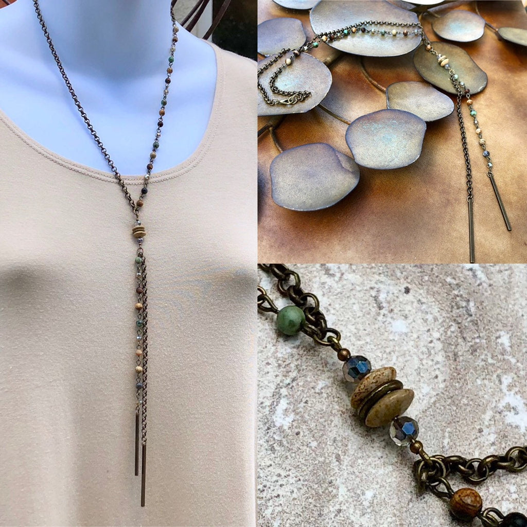 MossberryandStone Antique Bronze Vertical Bar Pendant Lariat Necklace 20in