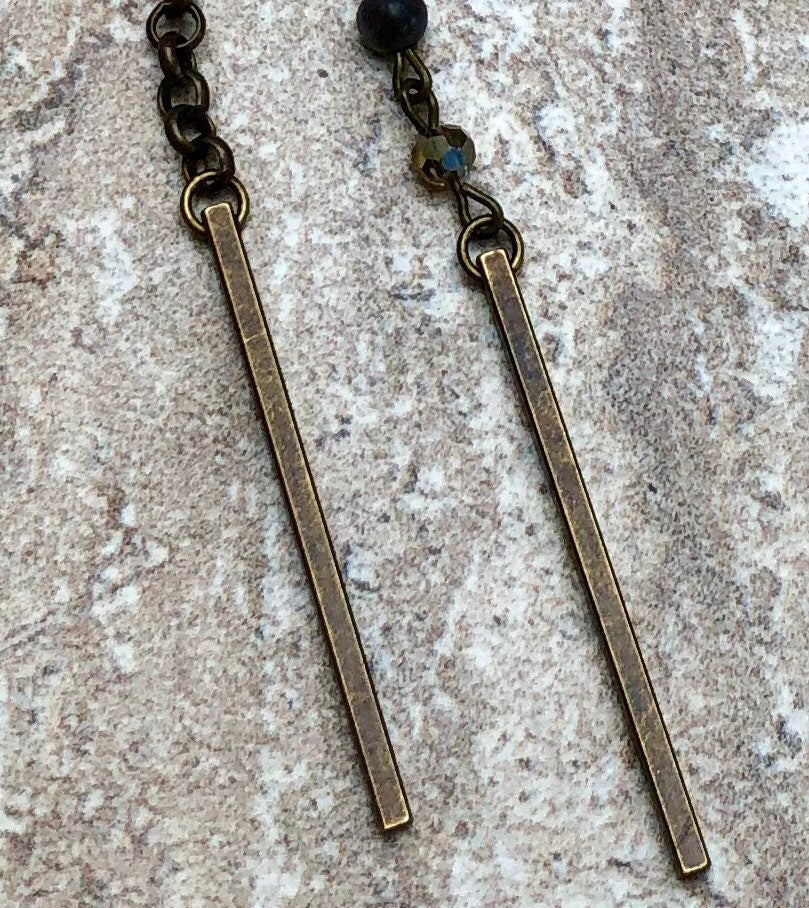 MossberryandStone Antique Bronze Vertical Bar Pendant Lariat Necklace 20in