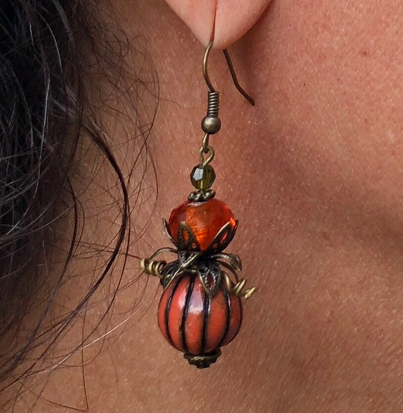 MossberryandStone Pumpkin Dangle Earrings Ceramic Antique Bronze 2in