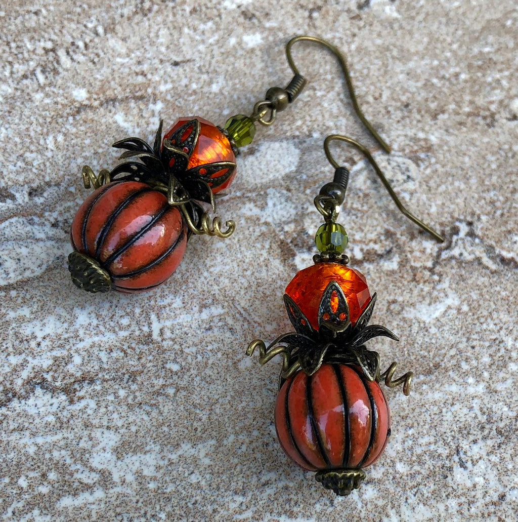 MossberryandStone Pumpkin Dangle Earrings Ceramic Antique Bronze 2in