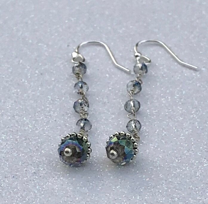 MossberryandStone Blue Crystal Rosary Chain Dangle Earrings Silver