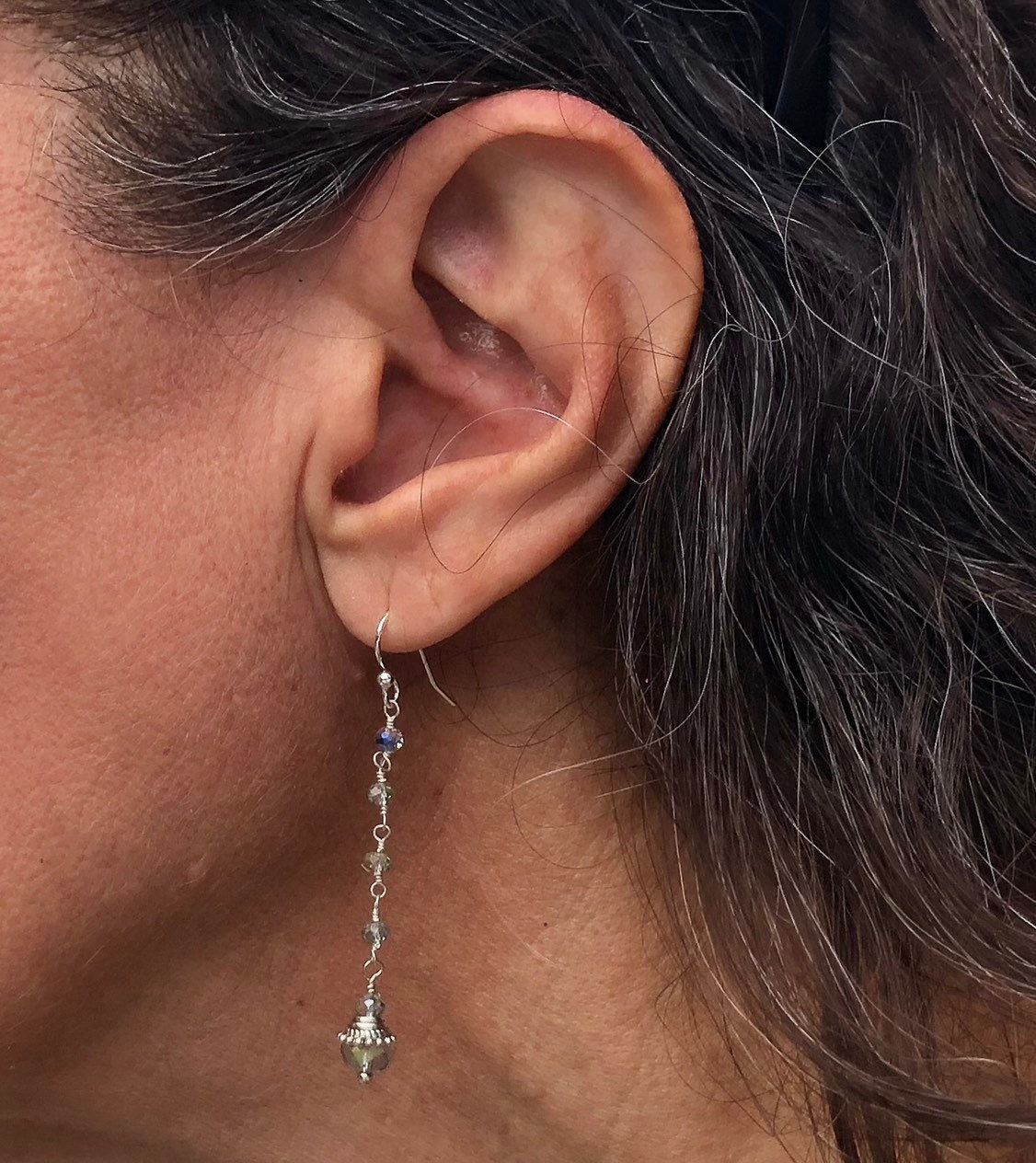 MossberryandStone Blue Crystal Rosary Chain Dangle Earrings Silver