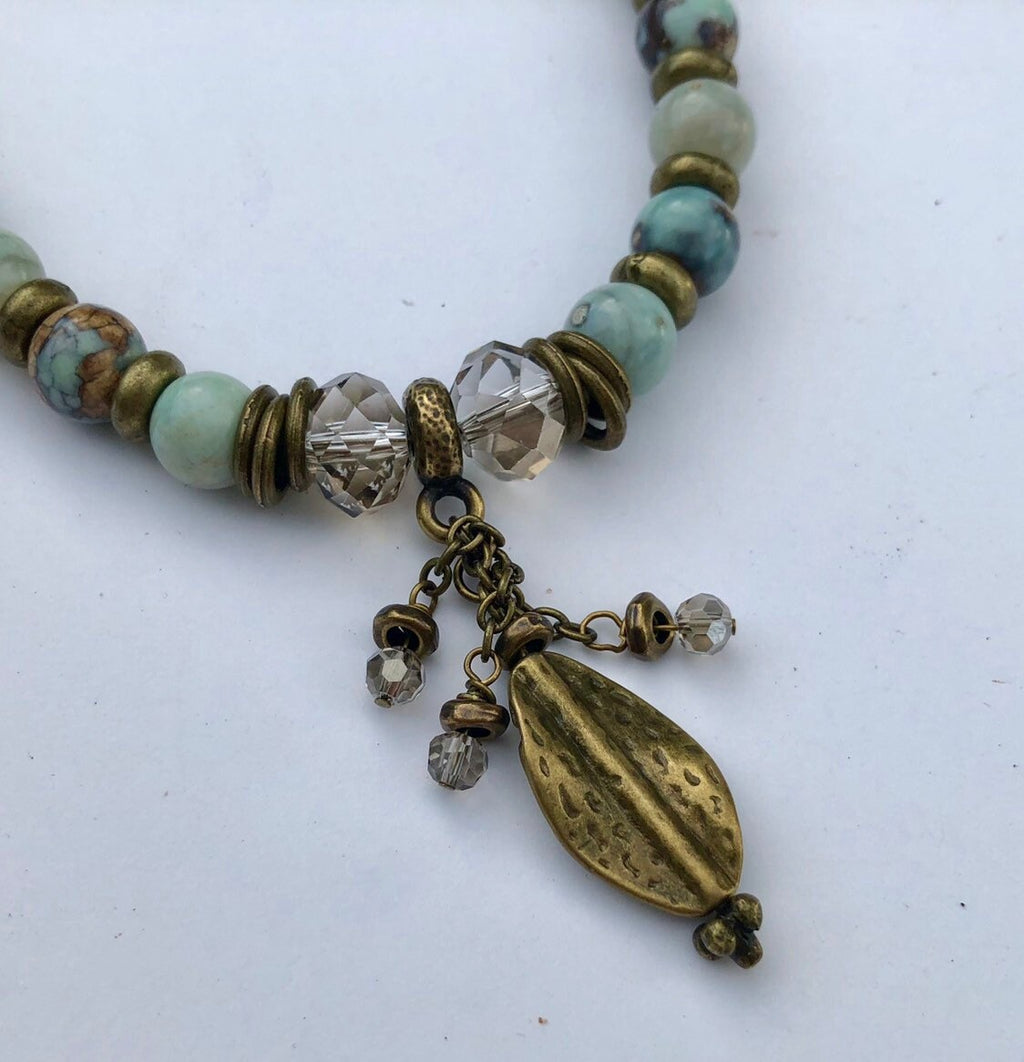 MossberryandStone Beaded Leather Necklace Robin's Egg Agate Leaf Pendant