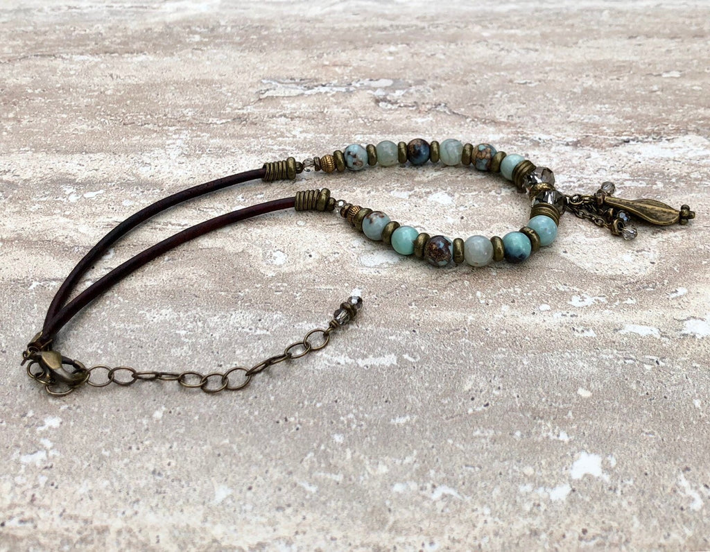 MossberryandStone Beaded Leather Necklace Robin's Egg Agate Leaf Pendant
