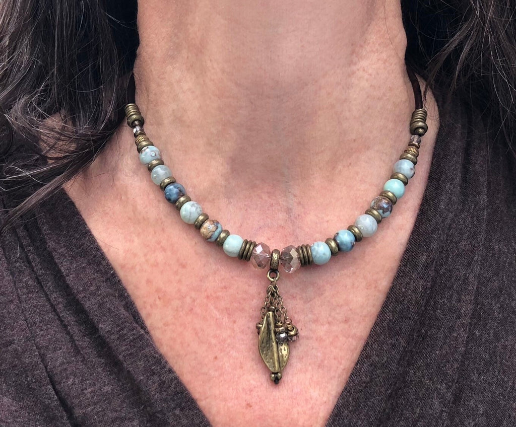 MossberryandStone Beaded Leather Necklace Robin's Egg Agate Leaf Pendant