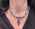 MossberryandStone Beaded Leather Necklace Robin's Egg Agate Leaf Pendant