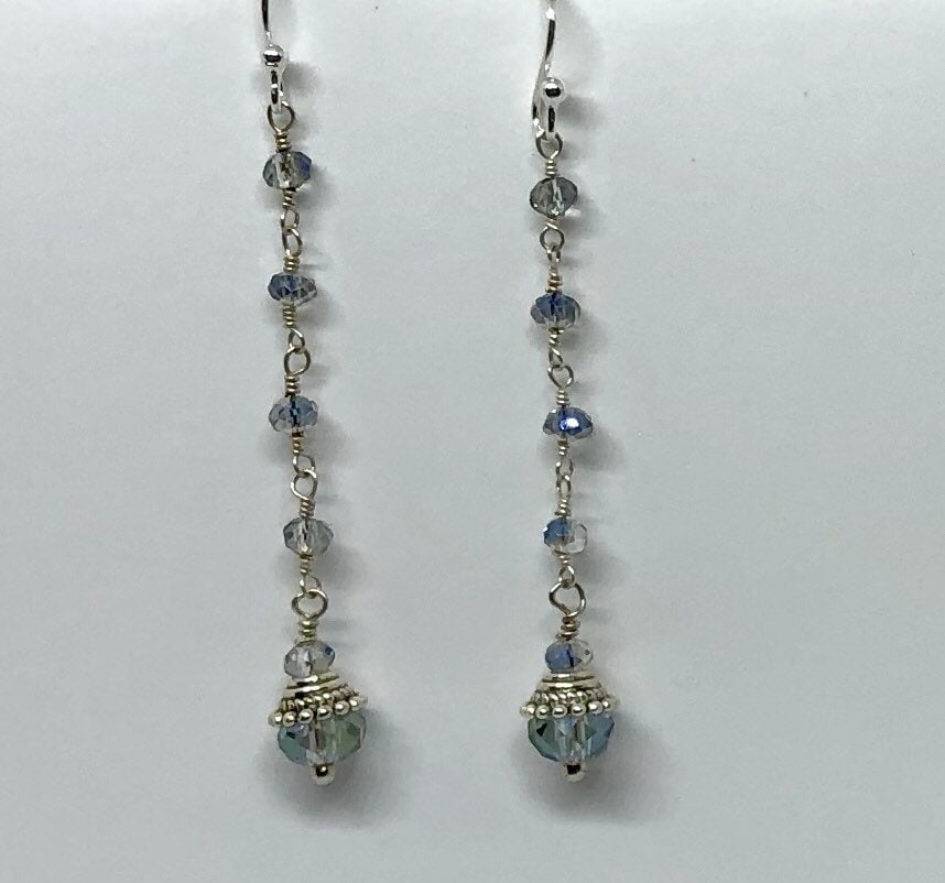 MossberryandStone Blue Crystal Rosary Chain Dangle Earrings Silver