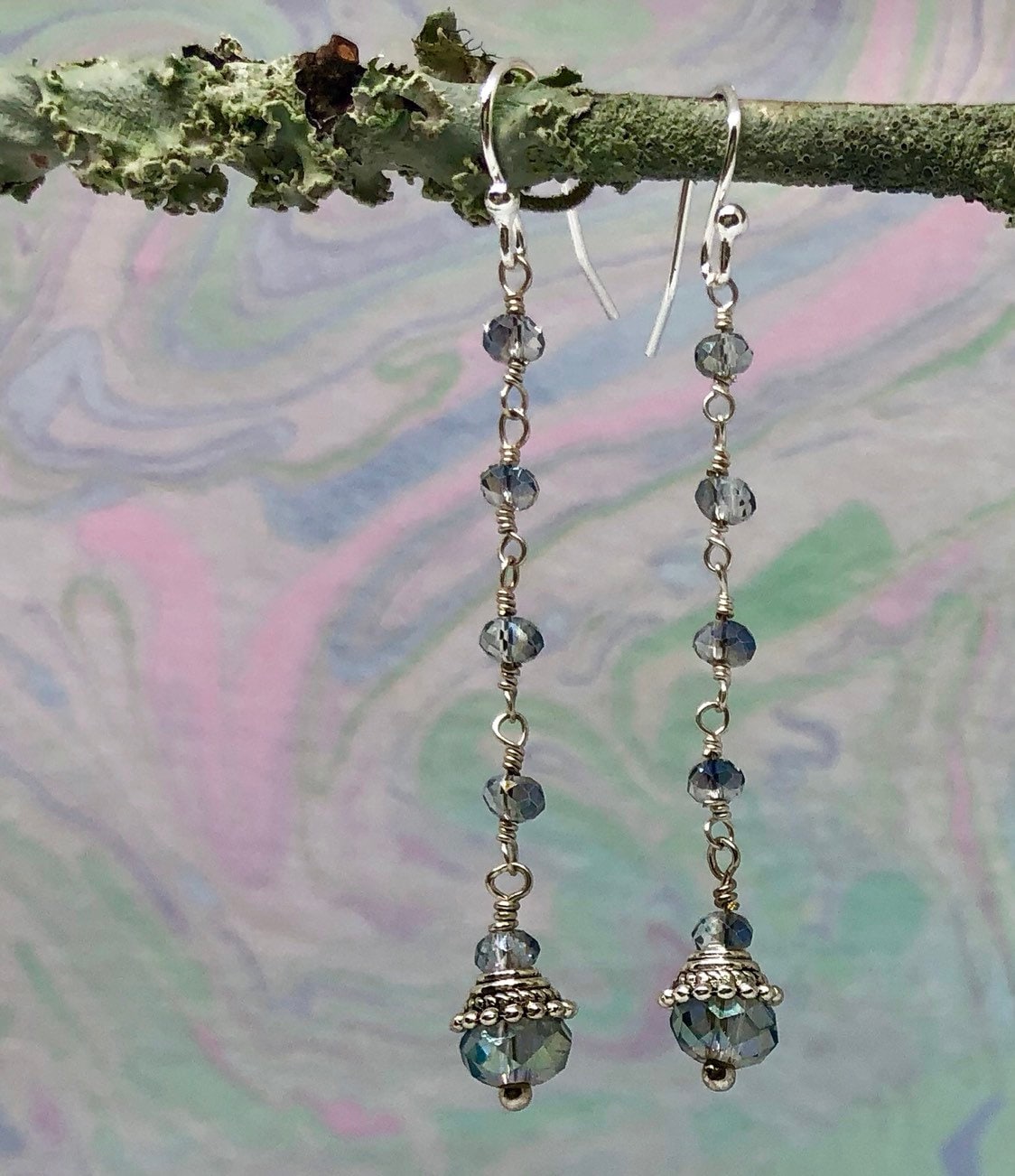 MossberryandStone Blue Crystal Rosary Chain Dangle Earrings Silver