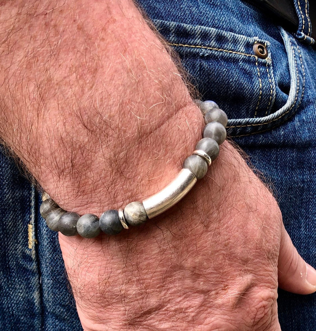 MossberryandStone Mens Labradorite Beaded Bracelet 10mm Gray Matte Silver