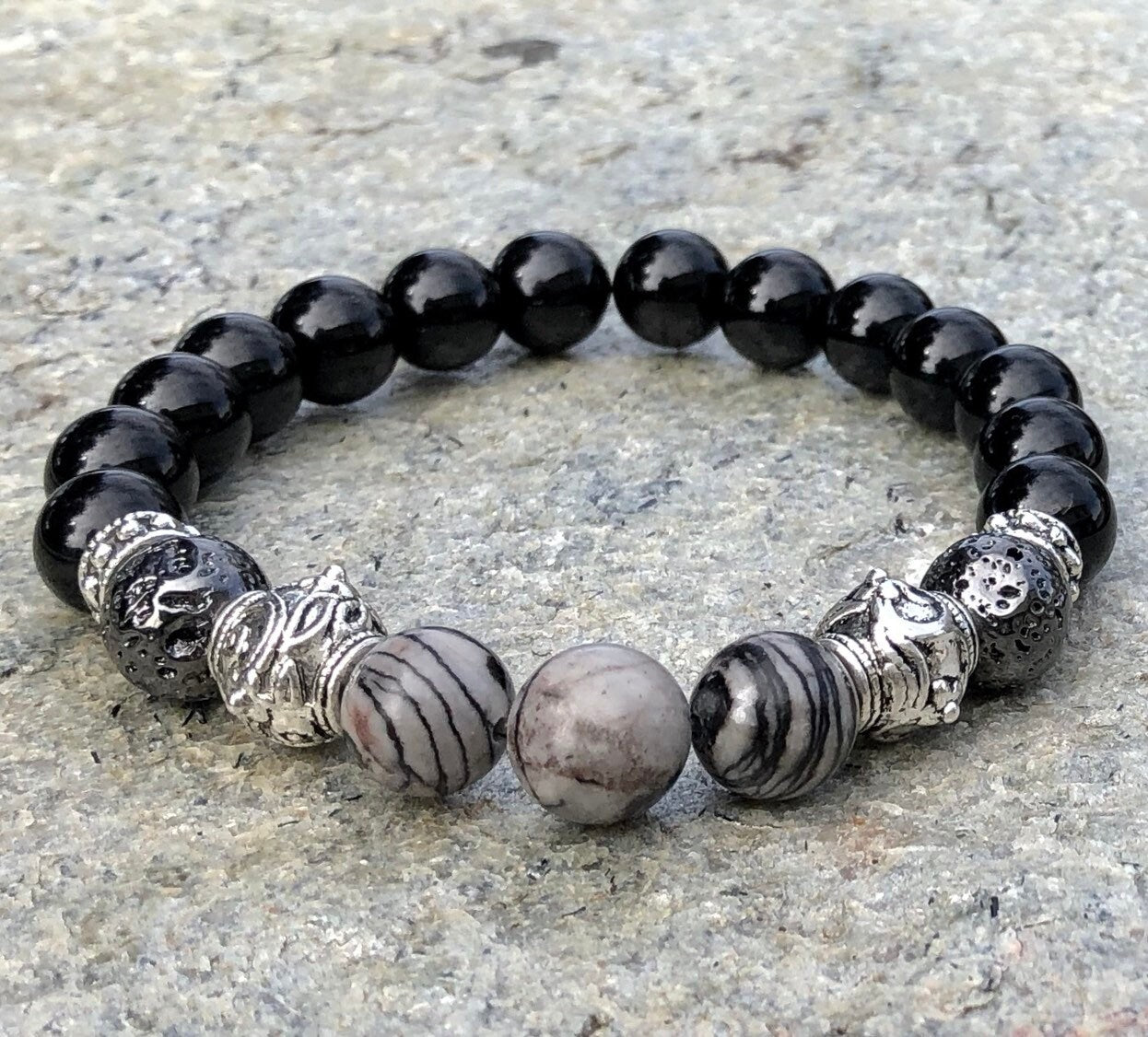 MossberryandStone Mens Picasso Jasper and Onyx Beaded Bracelet 10mm Black