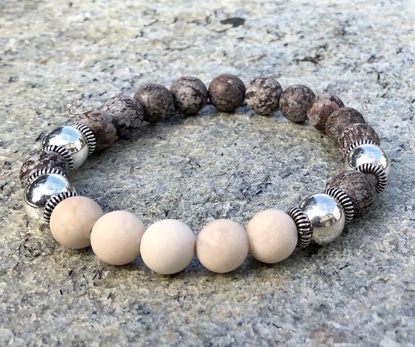 MossberryandStone Mens Snowflake Obsidian Beaded Bracelet Brown Silver