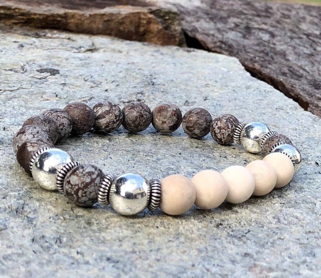 MossberryandStone Mens Snowflake Obsidian Beaded Bracelet Brown Silver