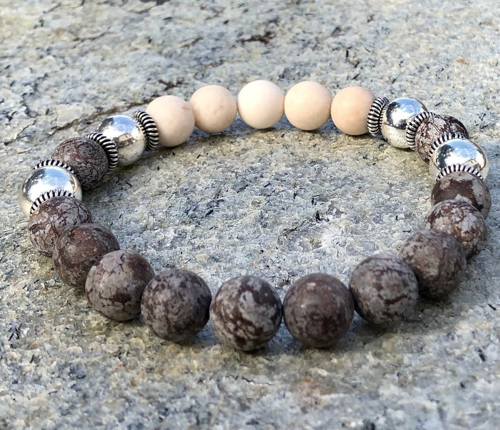 MossberryandStone Mens Snowflake Obsidian Beaded Bracelet Brown Silver