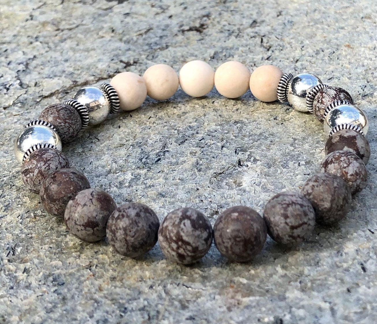 MossberryandStone Mens Snowflake Obsidian Beaded Bracelet Brown Silver