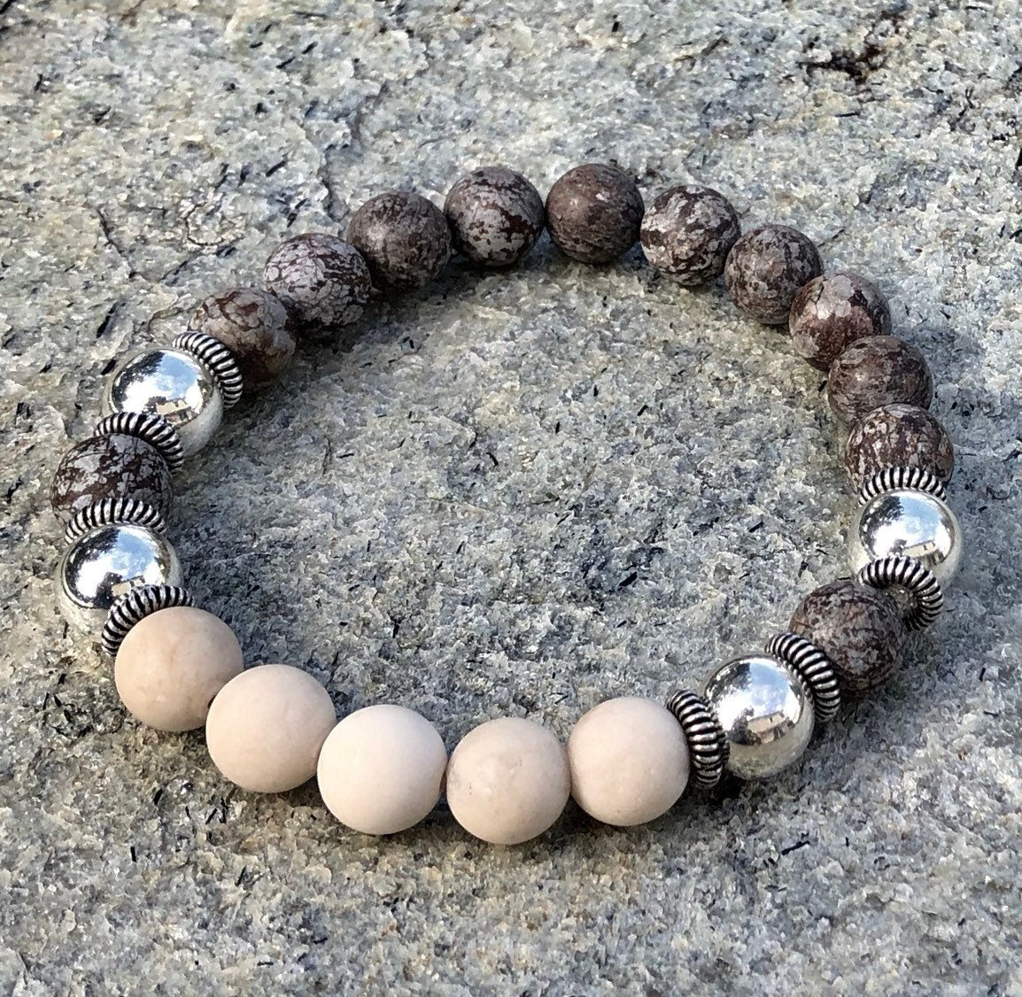 MossberryandStone Mens Snowflake Obsidian Beaded Bracelet Brown Silver
