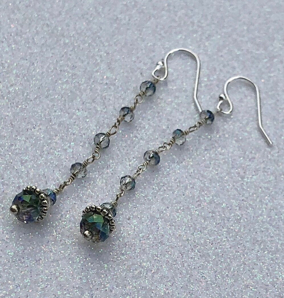 MossberryandStone Blue Crystal Rosary Chain Dangle Earrings Silver