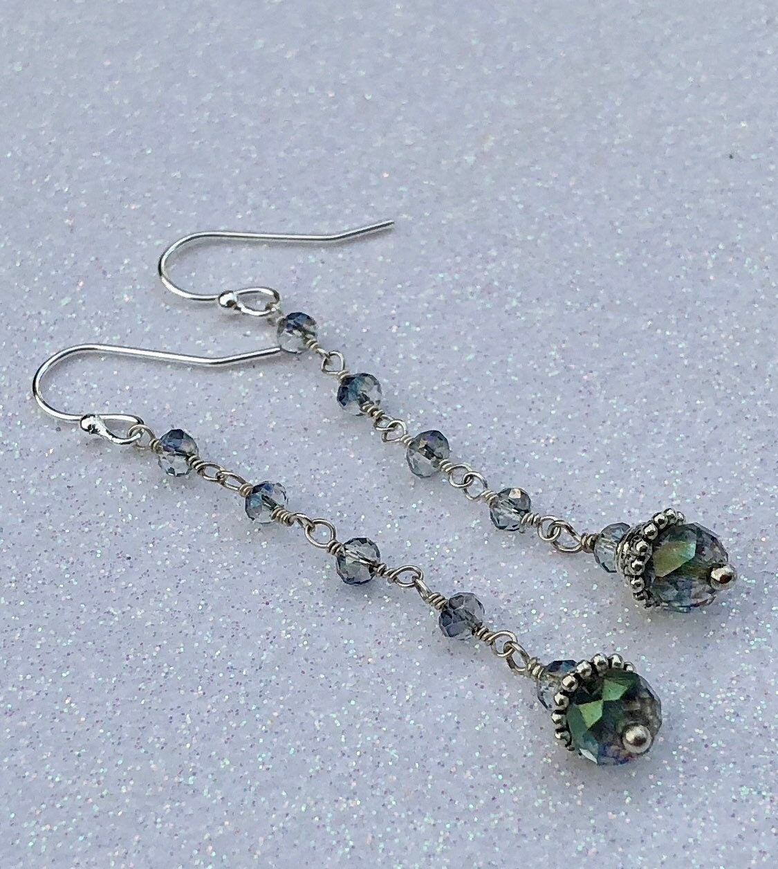 MossberryandStone Blue Crystal Rosary Chain Dangle Earrings Silver