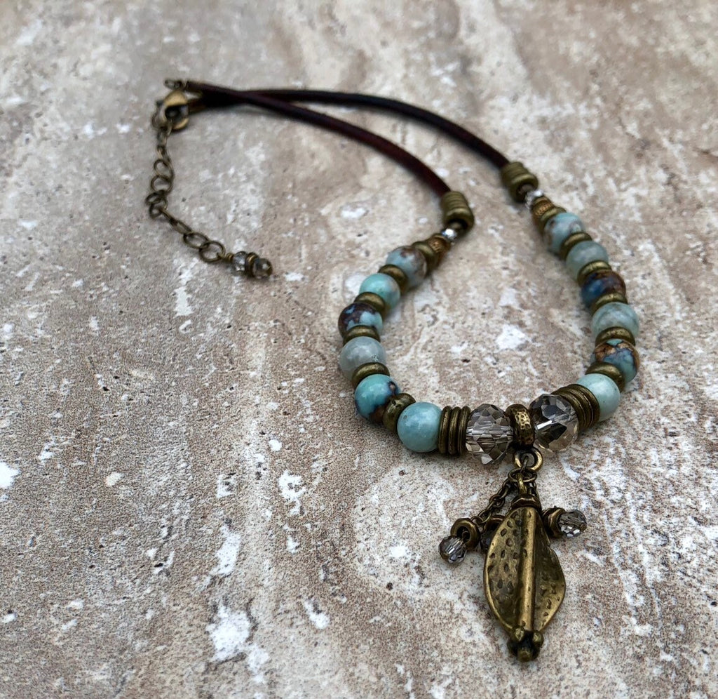 MossberryandStone Beaded Leather Necklace Robin's Egg Agate Leaf Pendant