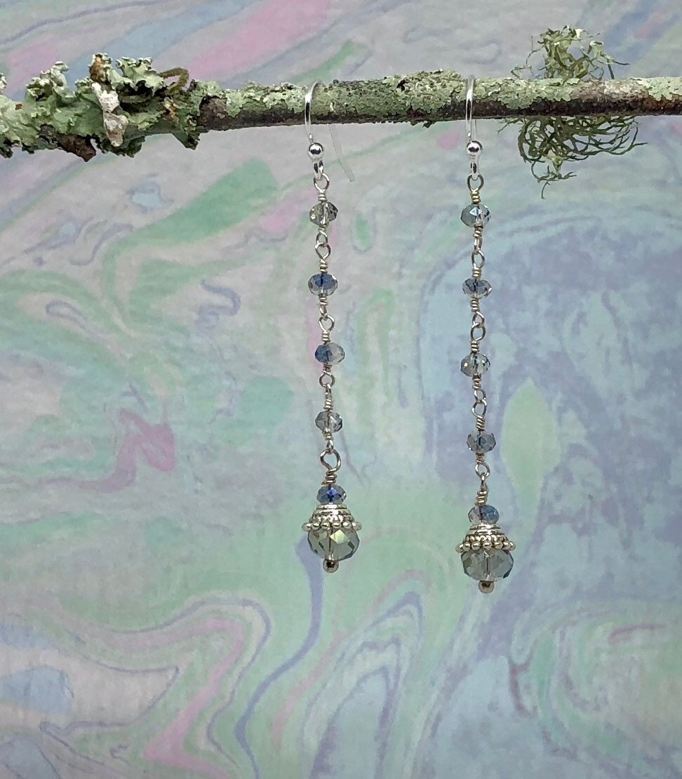 MossberryandStone Blue Crystal Rosary Chain Dangle Earrings Silver