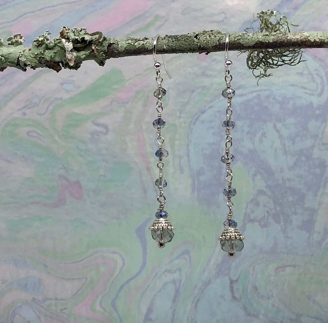 MossberryandStone Blue Crystal Rosary Chain Dangle Earrings Silver