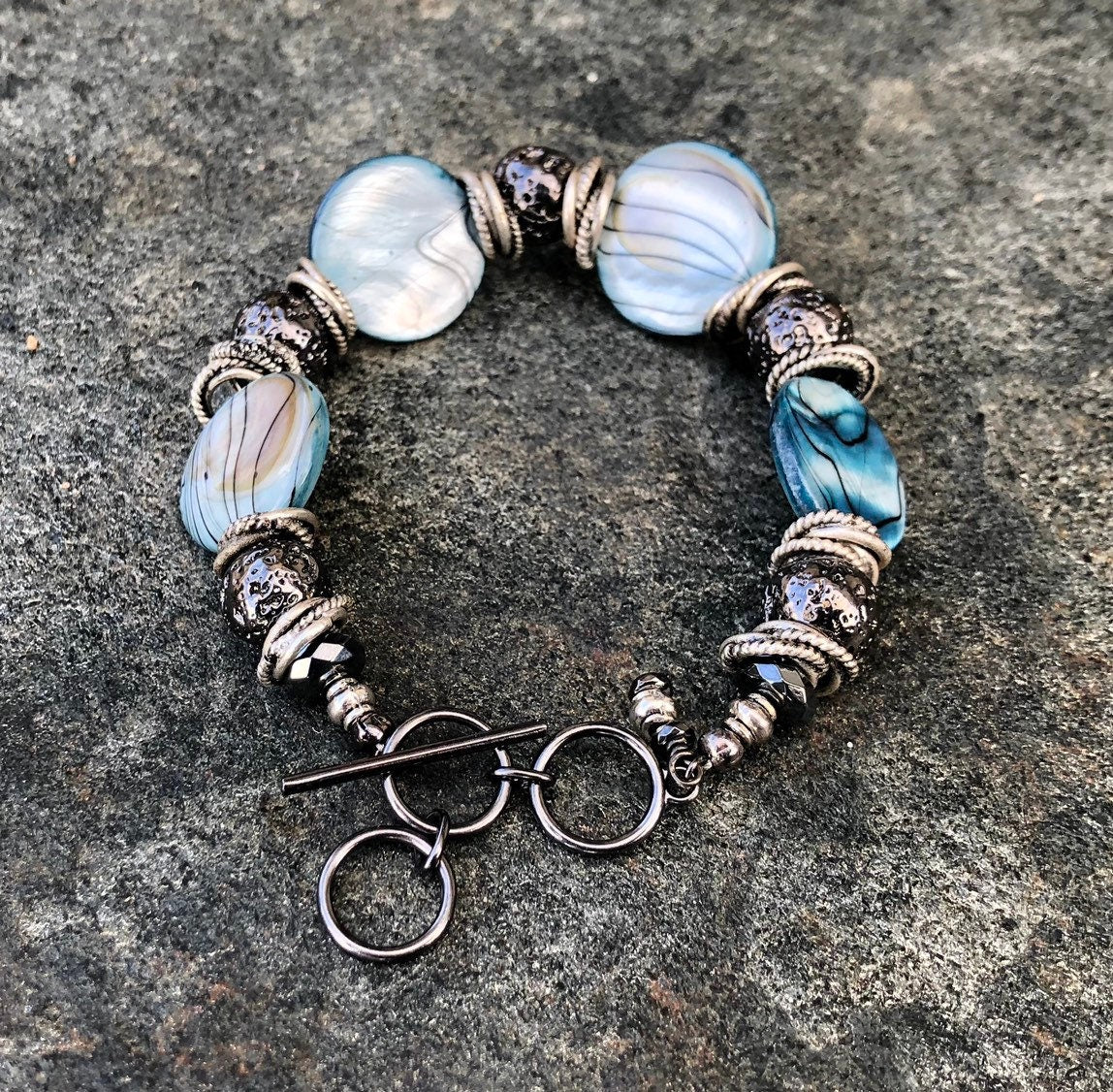 MossberryandStone Shell and Lava Stone Beaded Toggle Bracelet