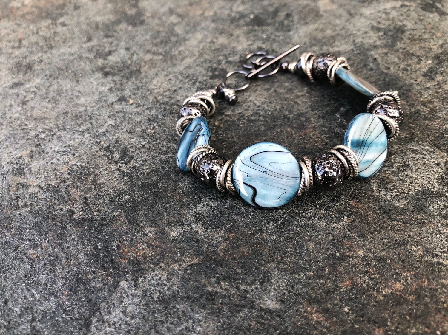 MossberryandStone Shell and Lava Stone Beaded Toggle Bracelet