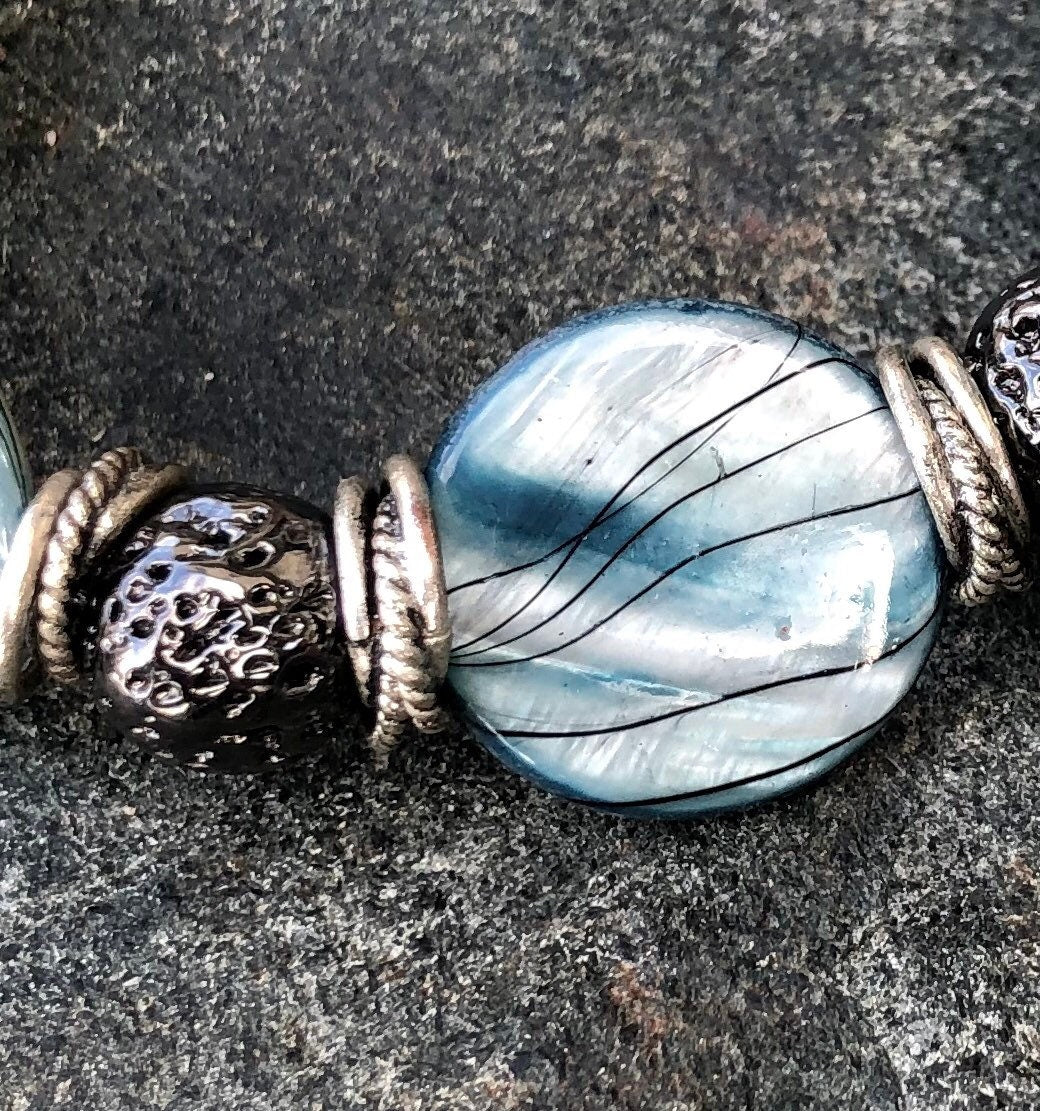 MossberryandStone Shell and Lava Stone Beaded Toggle Bracelet