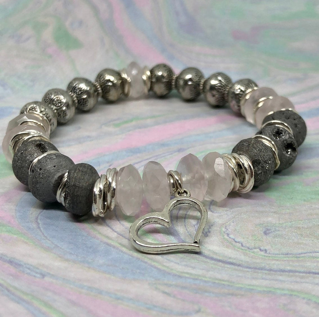 MossberryandStone Rose Quartz Beaded Bracelet with Silver Heart Charm