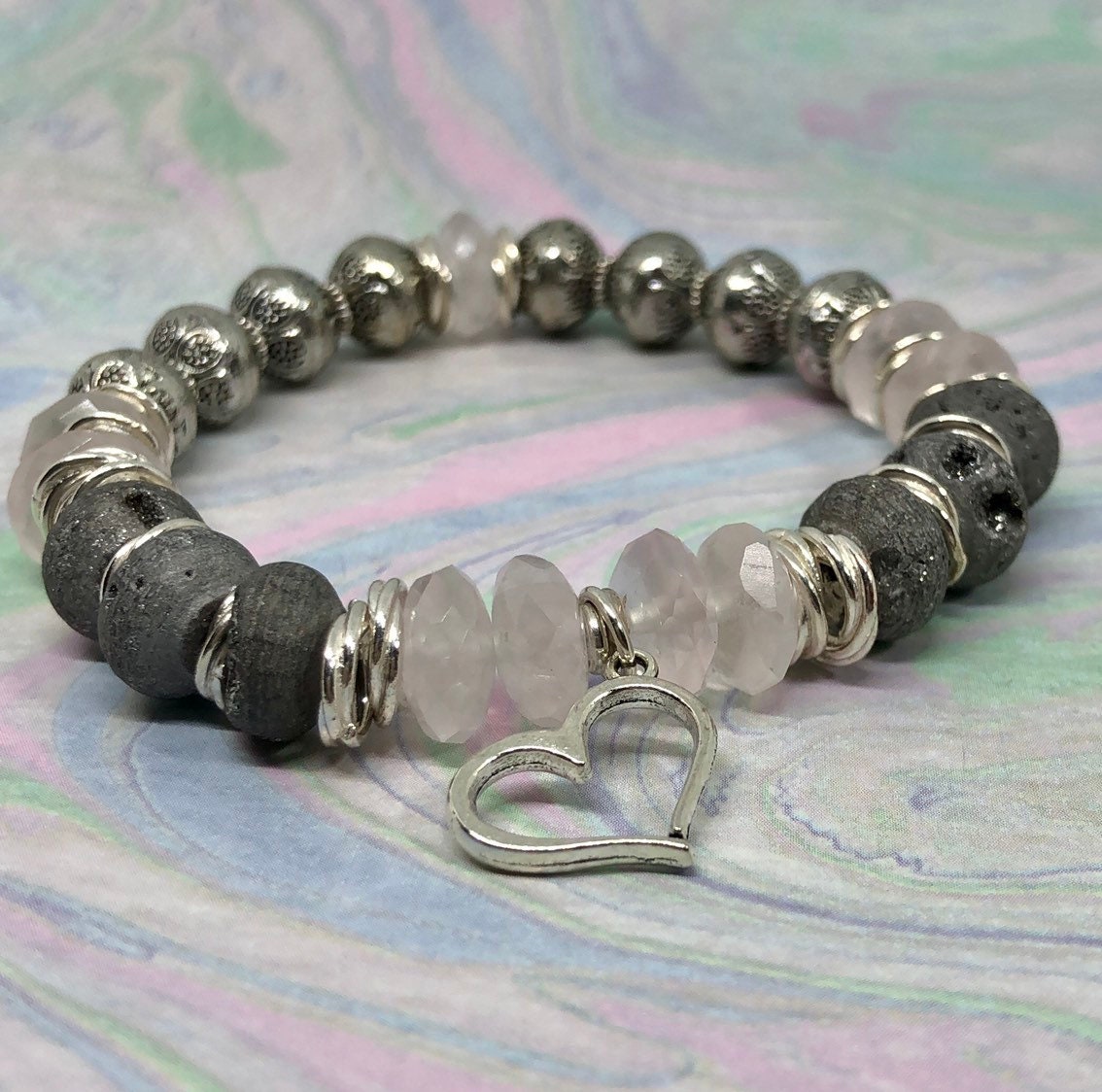 MossberryandStone Rose Quartz Beaded Bracelet with Silver Heart Charm