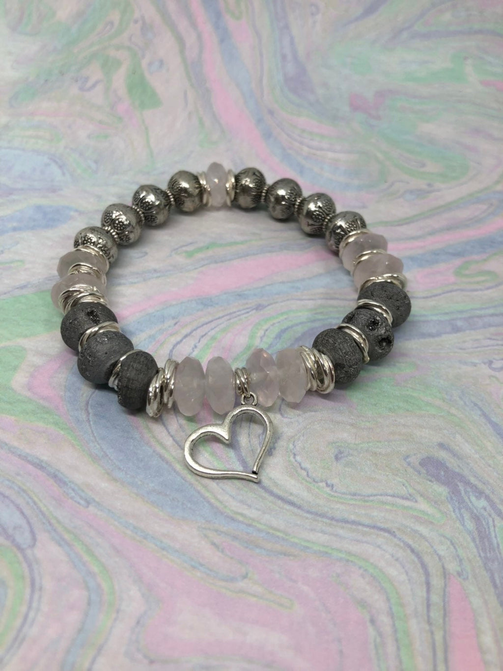 MossberryandStone Rose Quartz Beaded Bracelet with Silver Heart Charm