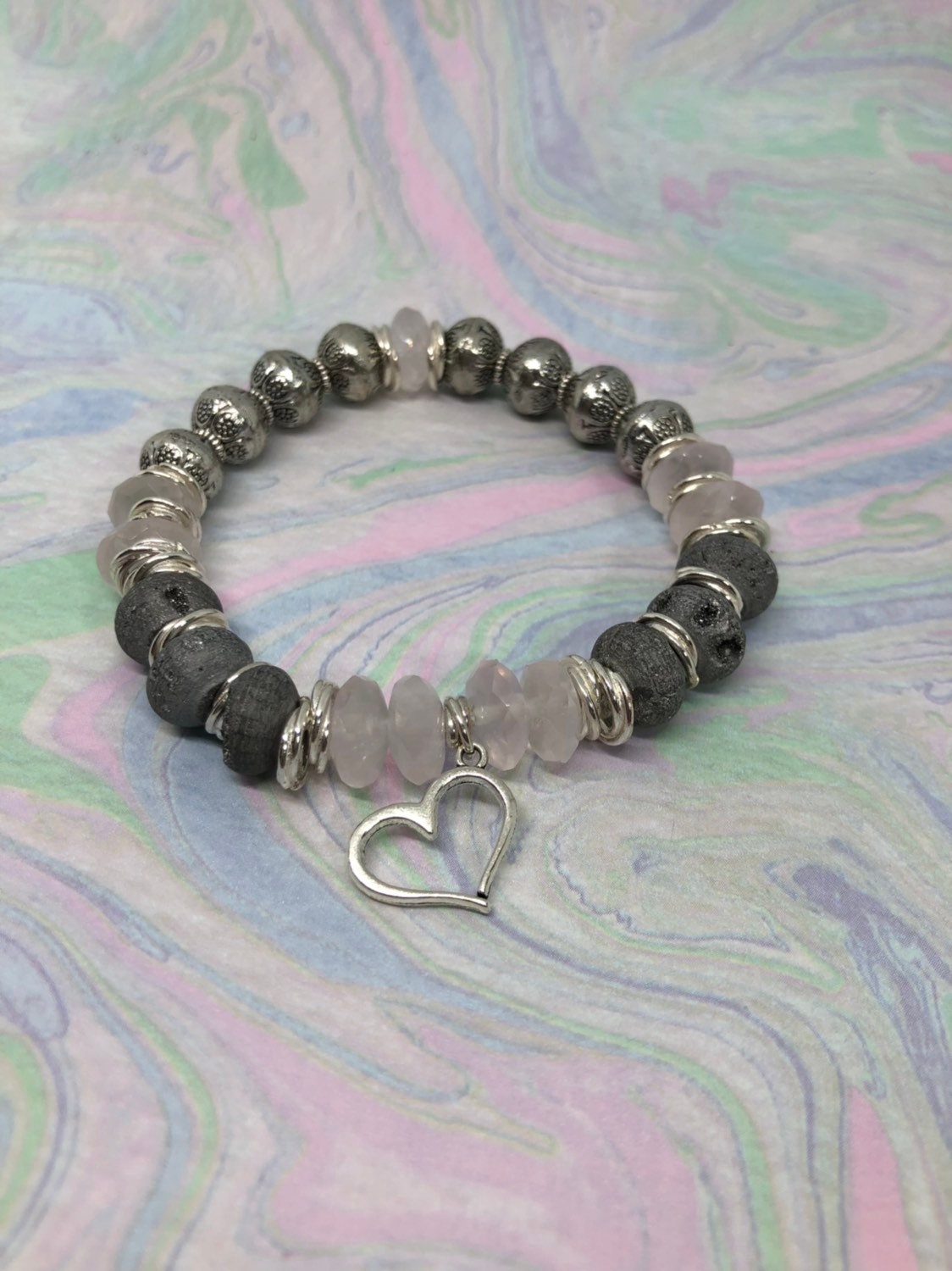 MossberryandStone Rose Quartz Beaded Bracelet with Silver Heart Charm