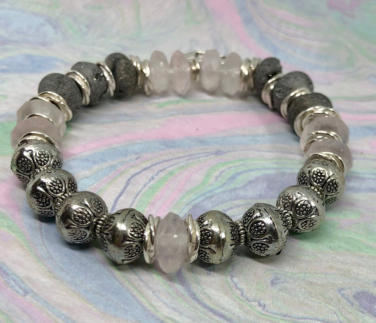 MossberryandStone Rose Quartz Beaded Bracelet with Silver Heart Charm