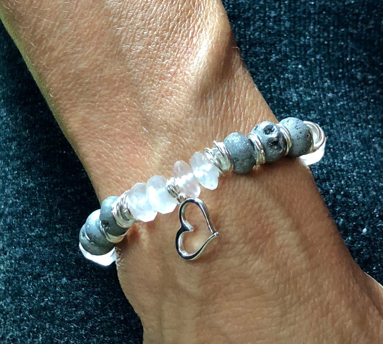 MossberryandStone Rose Quartz Beaded Bracelet with Silver Heart Charm