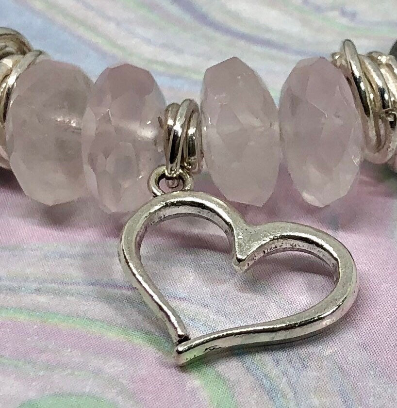 MossberryandStone Rose Quartz Beaded Bracelet with Silver Heart Charm