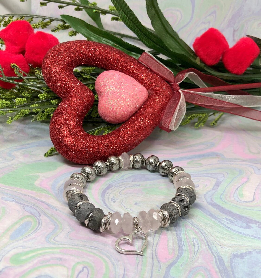 MossberryandStone Rose Quartz Beaded Bracelet with Silver Heart Charm