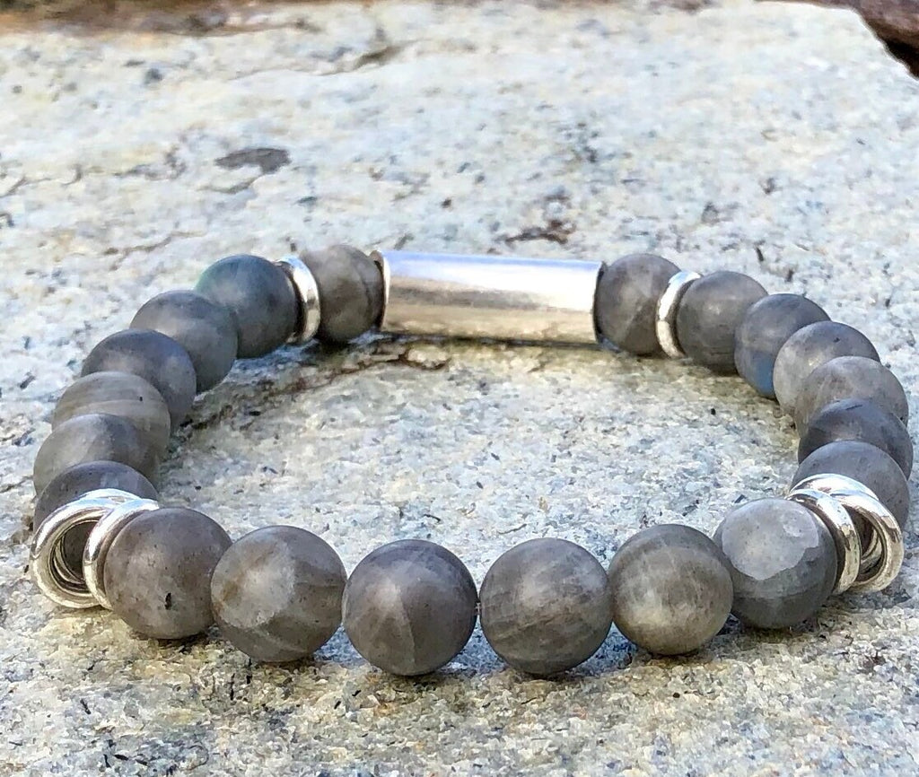 MossberryandStone Mens Labradorite Beaded Bracelet 10mm Gray Matte Silver
