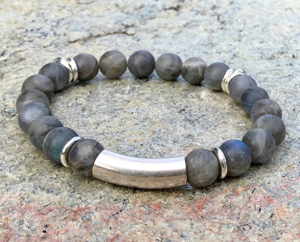 MossberryandStone Mens Labradorite Beaded Bracelet 10mm Gray Matte Silver