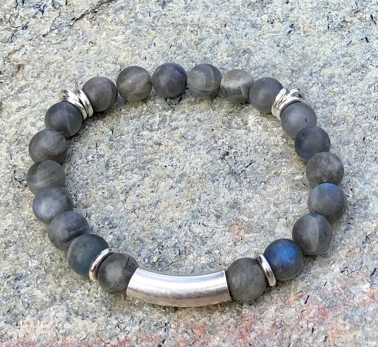 MossberryandStone Mens Labradorite Beaded Bracelet 10mm Gray Matte Silver