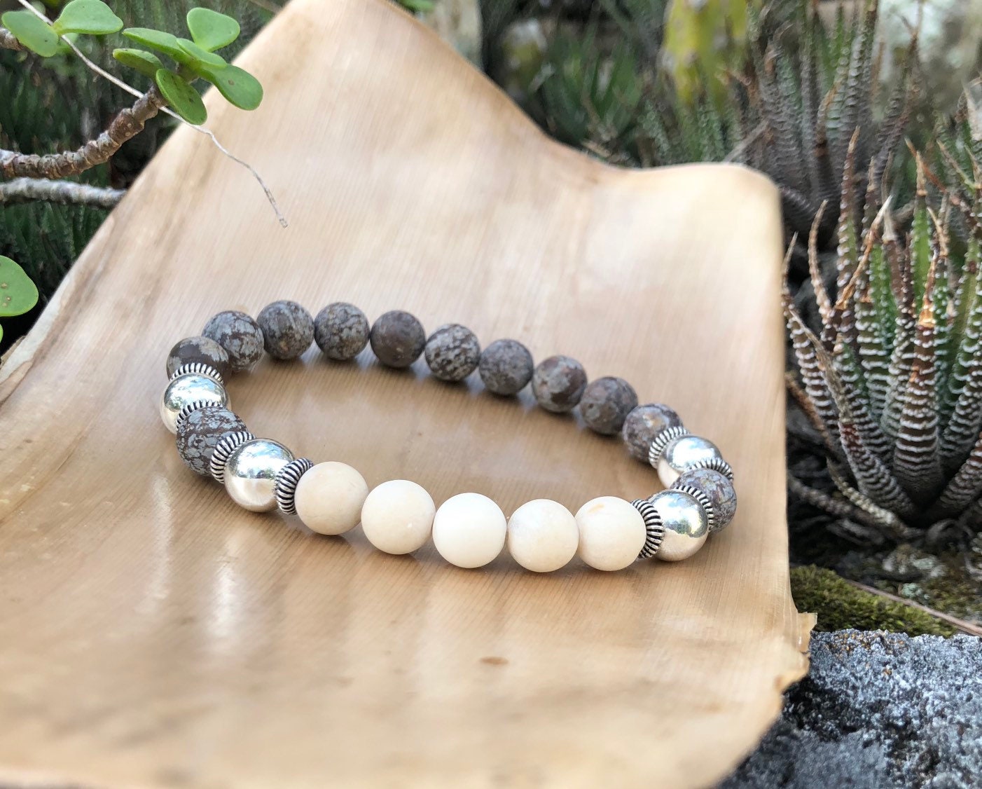 MossberryandStone Mens Snowflake Obsidian Beaded Bracelet Brown Silver