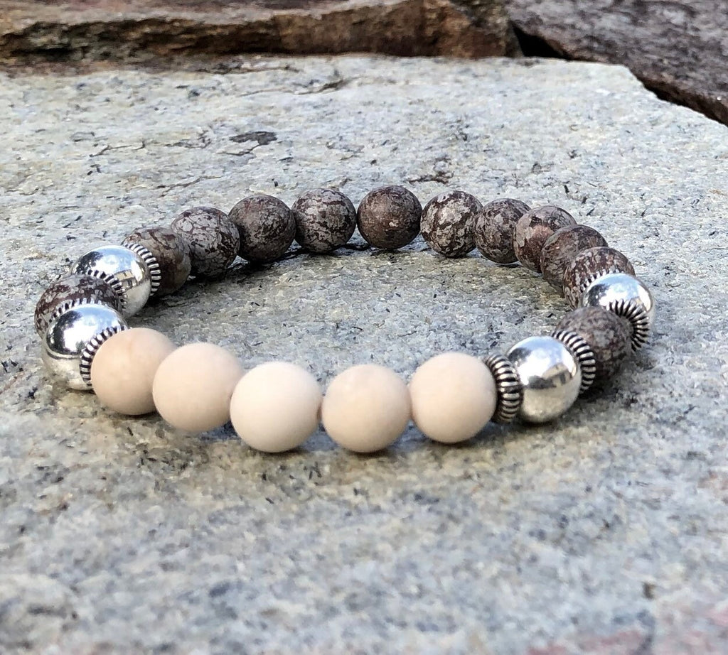 MossberryandStone Mens Snowflake Obsidian Beaded Bracelet Brown Silver