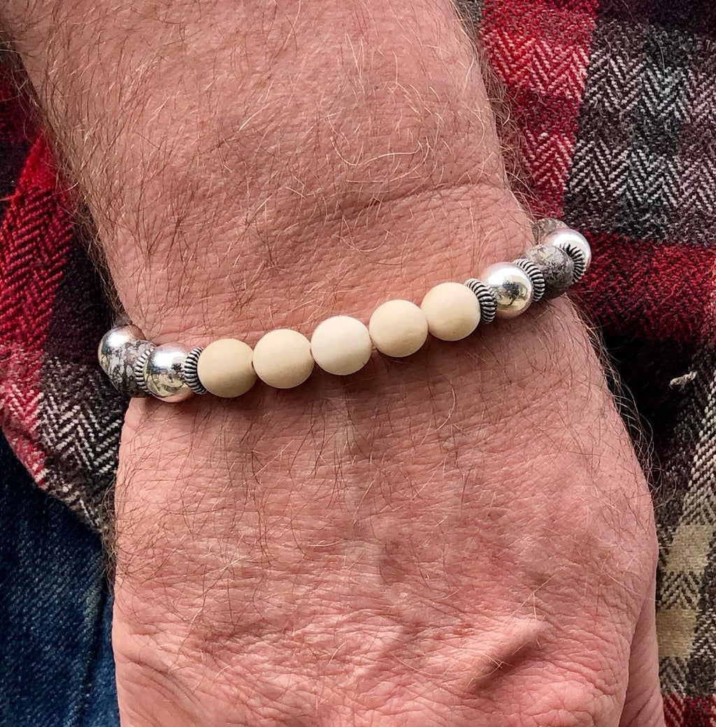 MossberryandStone Mens Snowflake Obsidian Beaded Bracelet Brown Silver