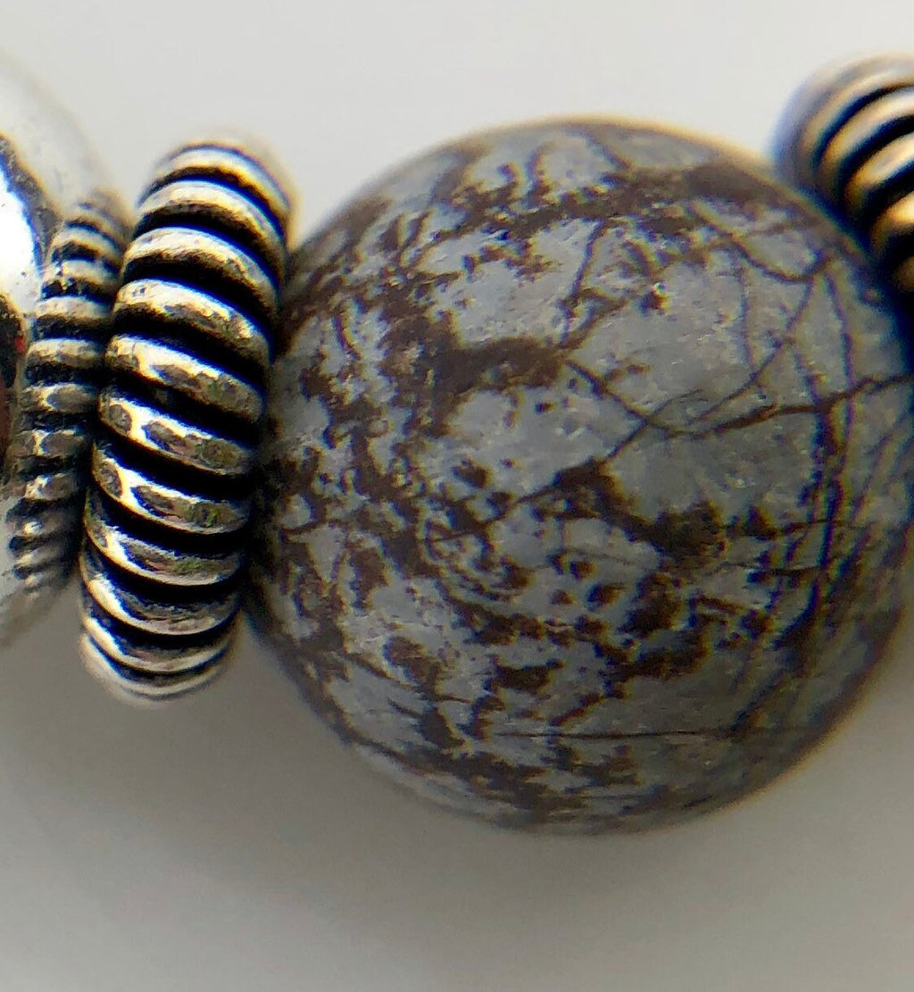 MossberryandStone Mens Snowflake Obsidian Beaded Bracelet Brown Silver