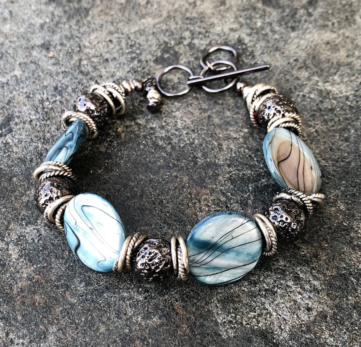 MossberryandStone Shell and Lava Stone Beaded Toggle Bracelet