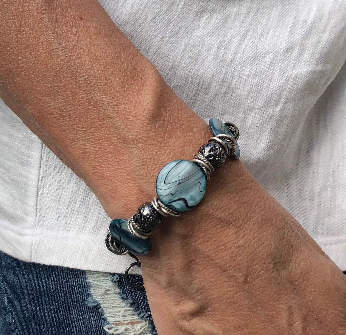 MossberryandStone Shell and Lava Stone Beaded Toggle Bracelet