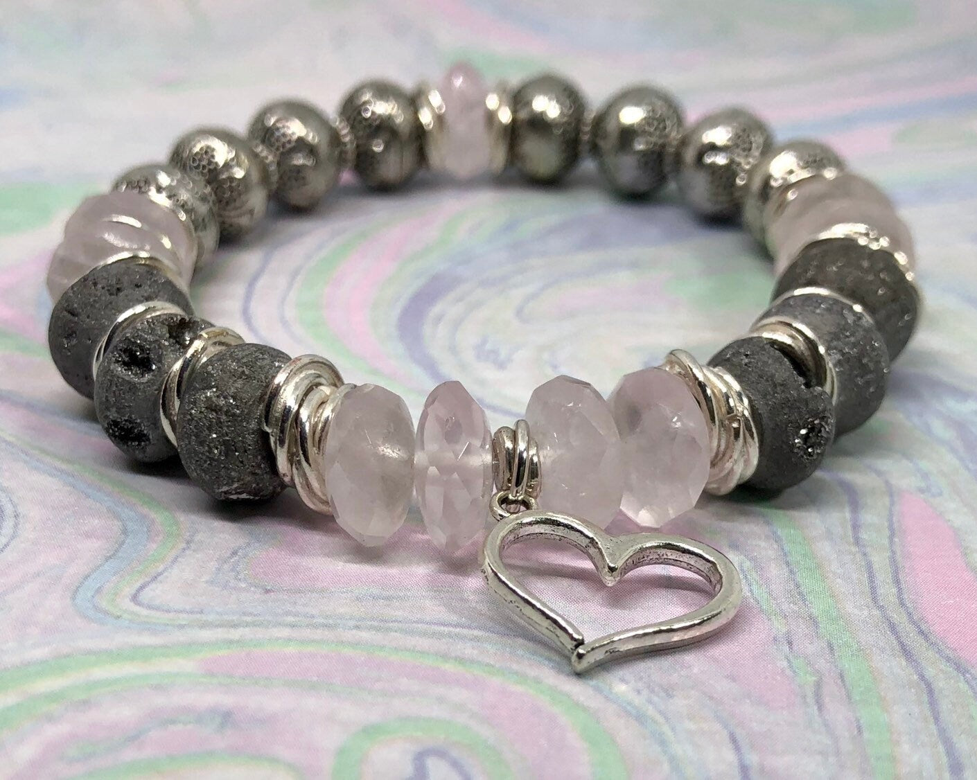MossberryandStone Rose Quartz Beaded Bracelet with Silver Heart Charm